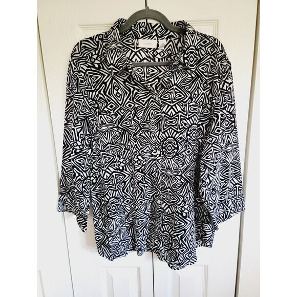 Chico's 3 Black White Geo Top Shirt Blouse Button Up Cotton LS Size XL - Picture 1 of 6